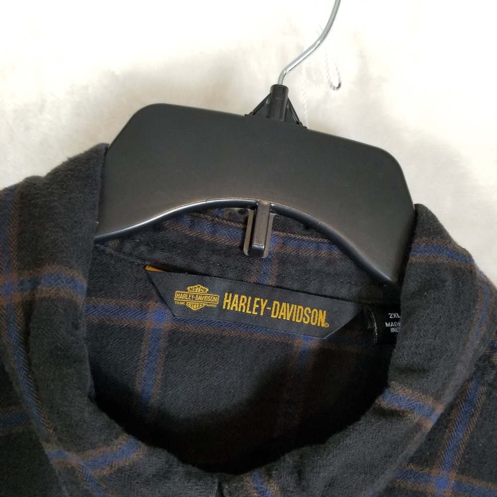 Harley-Davidson Mens 2XL Black Blue Plaid Flannel Button Down Shirt Graphic Back - Picture 3 of 8